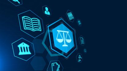Regulatory AI compliance concept image showing scale symbol in a digital interface, with multiple other symbols including legislative building and legal documents.
