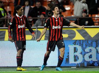 Alexandre Pato and Ronaldinho of AC Milan celebrate after Milan's second goal during the Serie A match between AC Milan and AS Roma at Stadio Giuseppe Meazza on October 18, 2009 in Milan, Italy. (Photo by Claudio Villa/Getty Images)