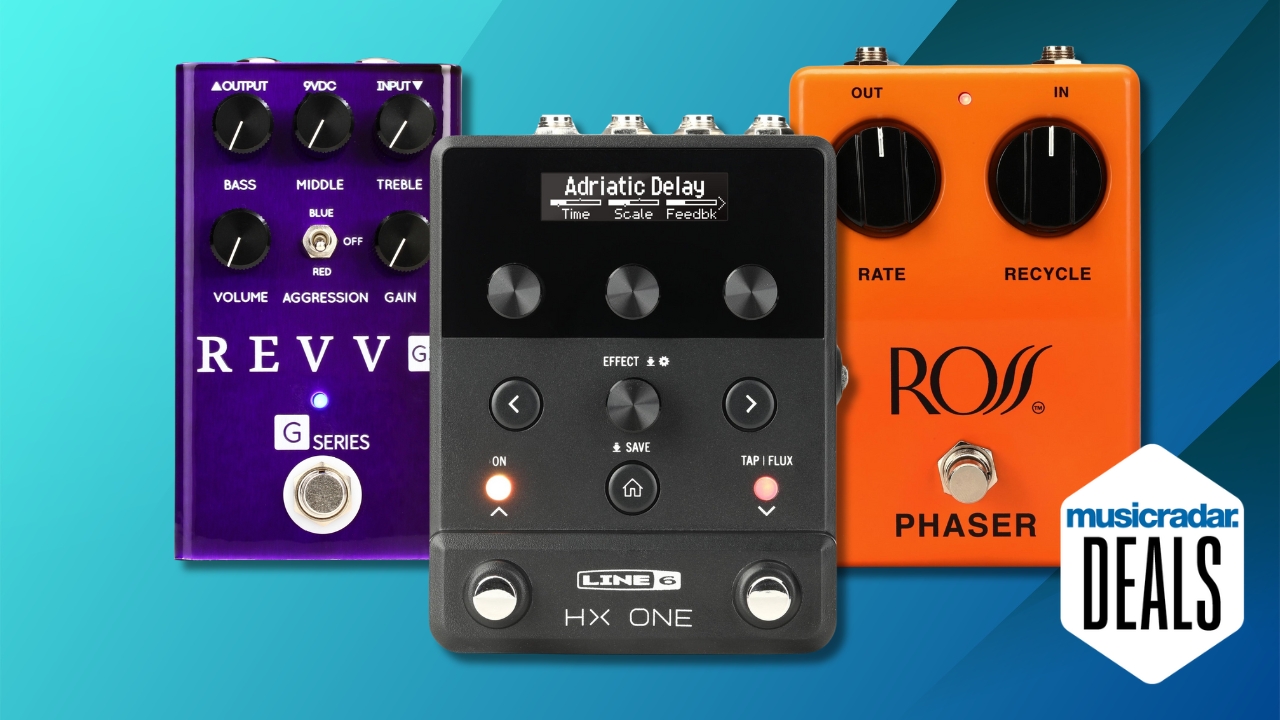 Three guitar pedals on a blue gradient background
