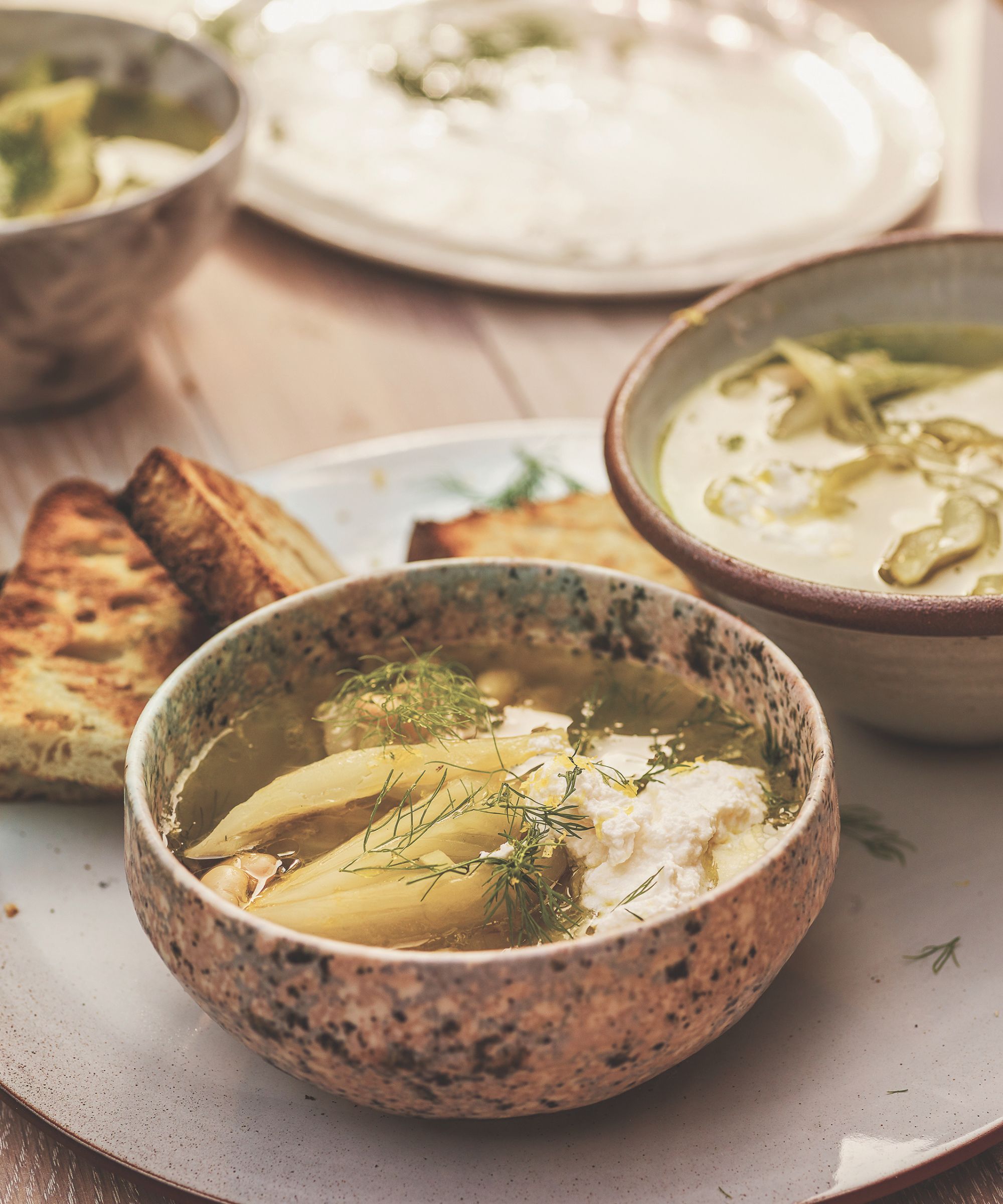 Fennel soup with bread in rustic bowls
