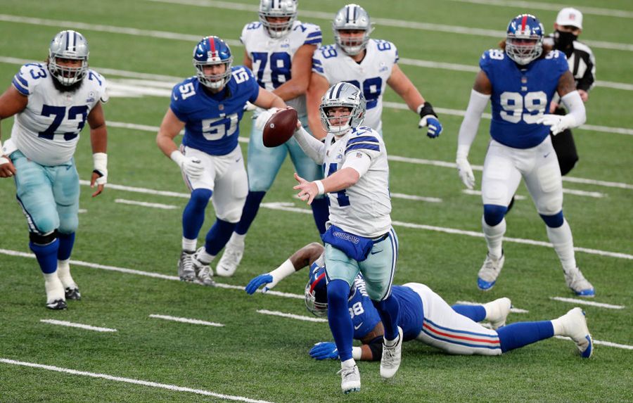 Andy Dalton #14 of the Dallas Cowboys in action against the New York Giants at MetLife Stadium on January 03, 2021 in East Rutherford, New Jersey. The Giants defeated the Cowboys 23-19.