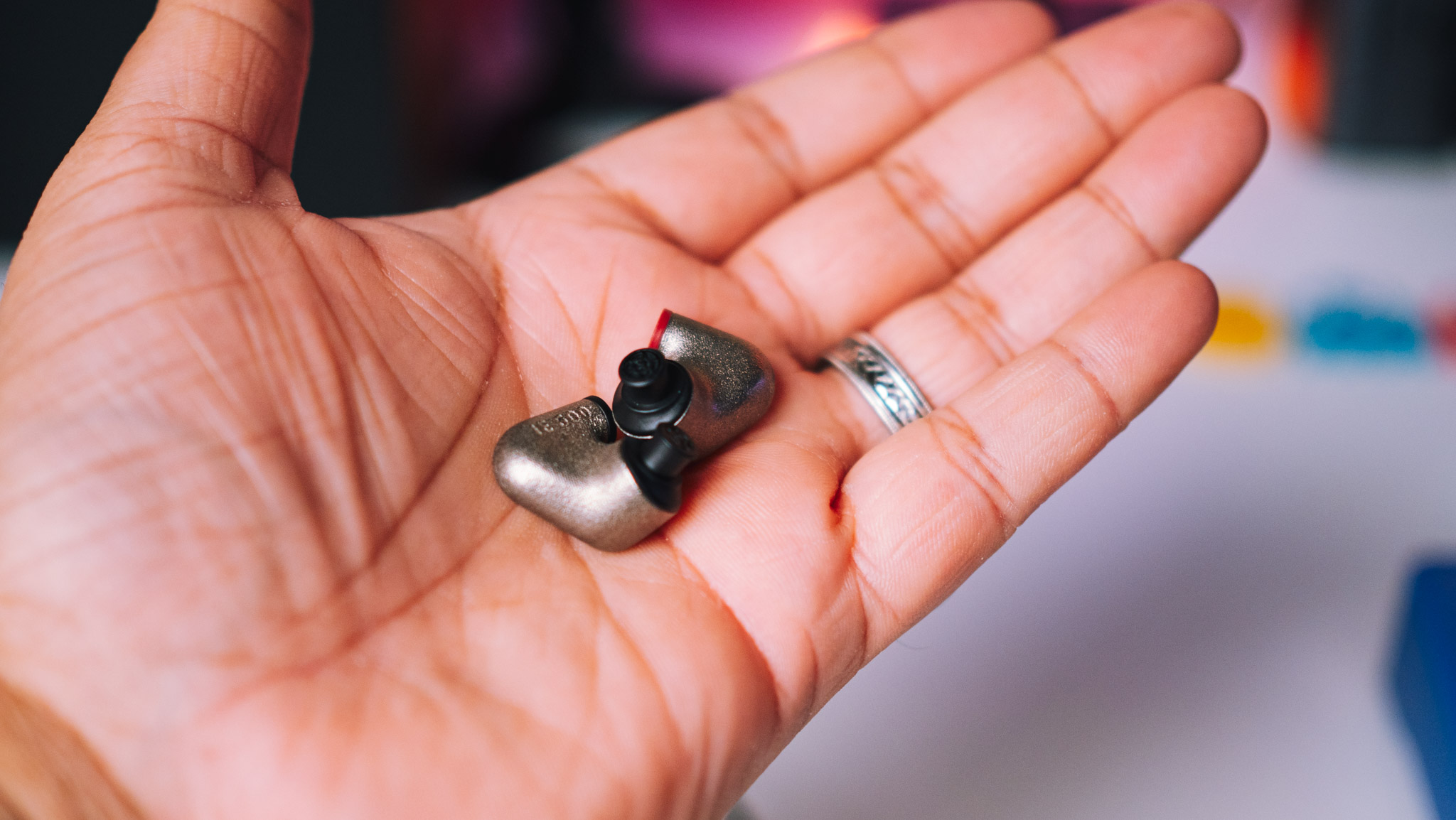 In-hand view of Sennheiser IE600 shells without connectors
