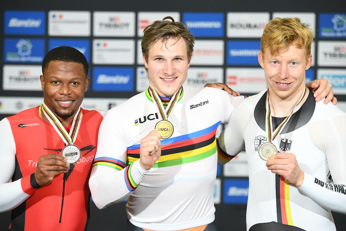 Picture by Simon Wilkinson/SWpix.com - 22/10/2021 - Cycling - Tissot 2021 UCI Track Cycling World Championships - Men's 1Km Time Trial Final - Stab Velodrome, Roubaix, France - Podium - The Netherland's Jeffrey Hoogland takes gold and the rainbow jersey in the men's 1Km time trial final with Trinidad &amp; Tobago's Nicholas Paul taking silver &amp; Germany's Joachim Eilers taking bronze.