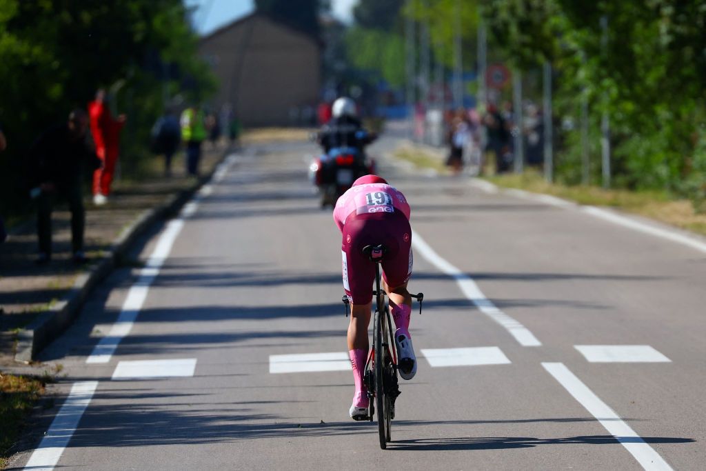 Team UAE's Slovenian rider Tadej Pogacar competes during the 7th stage of the 107th Giro d'Italia cycling race, an individual time trial between Foligno and Perugia, on May 10, 2024 in Foligno. (Photo by Luca Bettini / AFP)