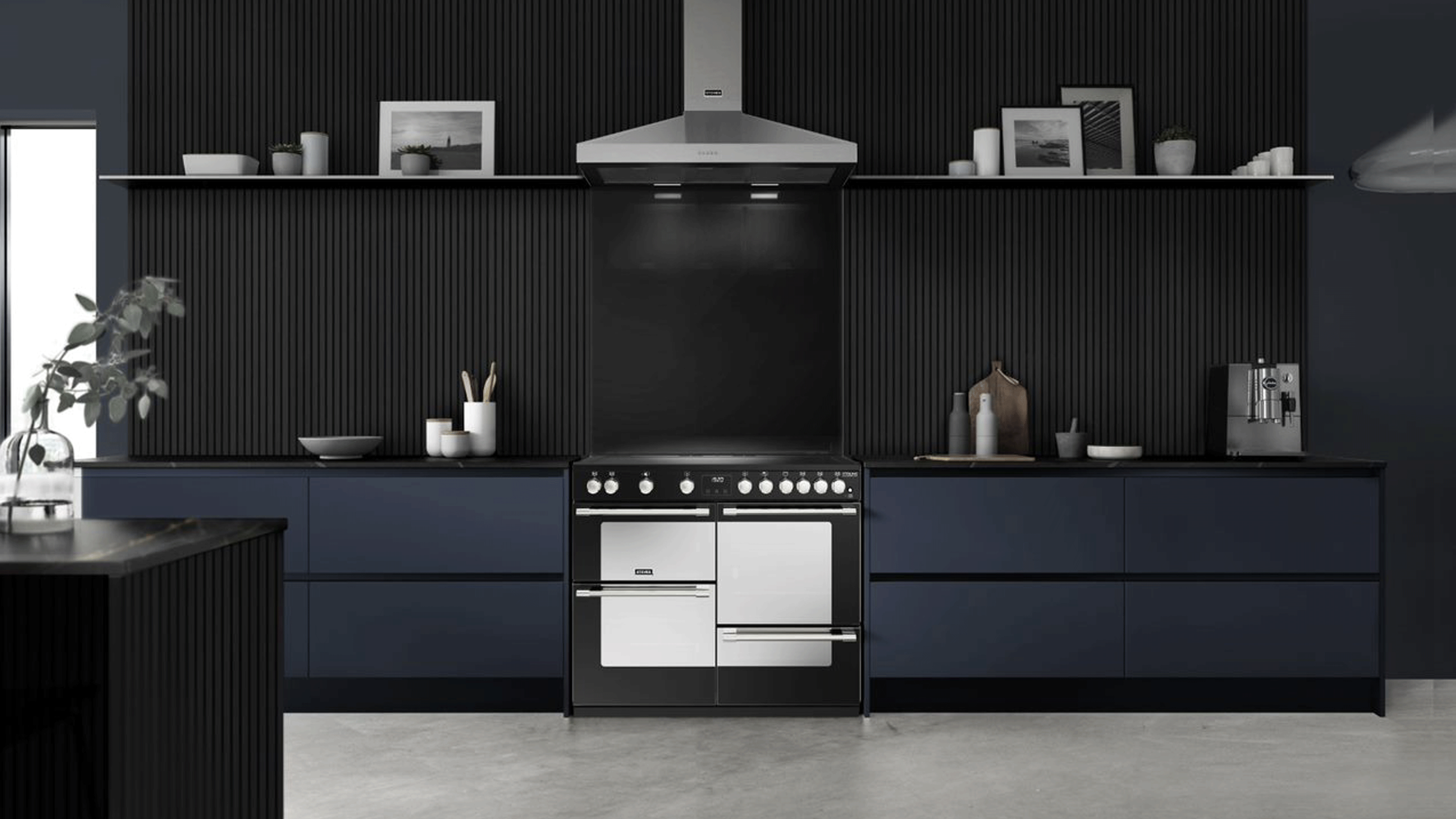 Stove in a navy blue kitchen