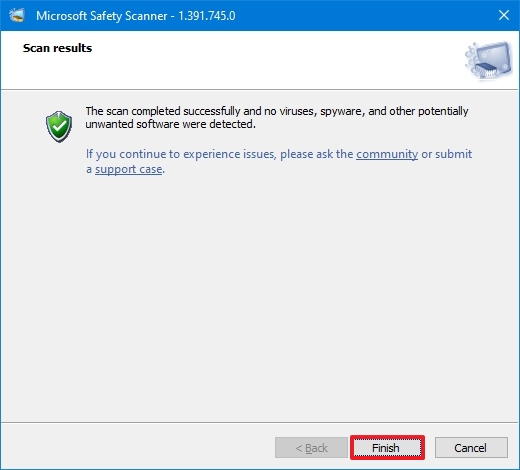 Msert Сканирование завершено в Windows 10