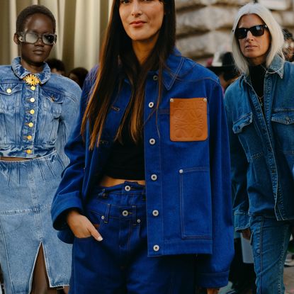 A collage of women wearing denim jackets from Schiaparelli Fall 2024 runway, fashion week street style, and Stella McCartney Fall 2024 runway