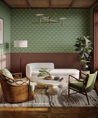 Eclectic MCM living room with half wall green wallpaper design. marbled rug, curved seating, and bonsai tree on coffee table.
