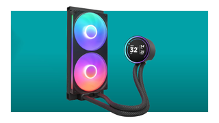 NZXT Kraken Elite 280 RGB 2024 CPU cooler floats within the PC Gamer teal-gradient deal void. This is the smaller two-fan model, though it still comes with the same 2-inch IPS LCD screen included with the larger, three-fan models.