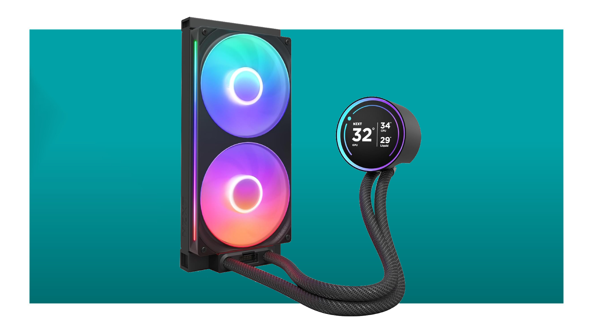 NZXT Kraken Elite 280 RGB 2024 CPU cooler floats within the PC Gamer teal-gradient deal void. This is the smaller two-fan model, though it still comes with the same 2-inch IPS LCD screen included with the larger, three-fan models.
