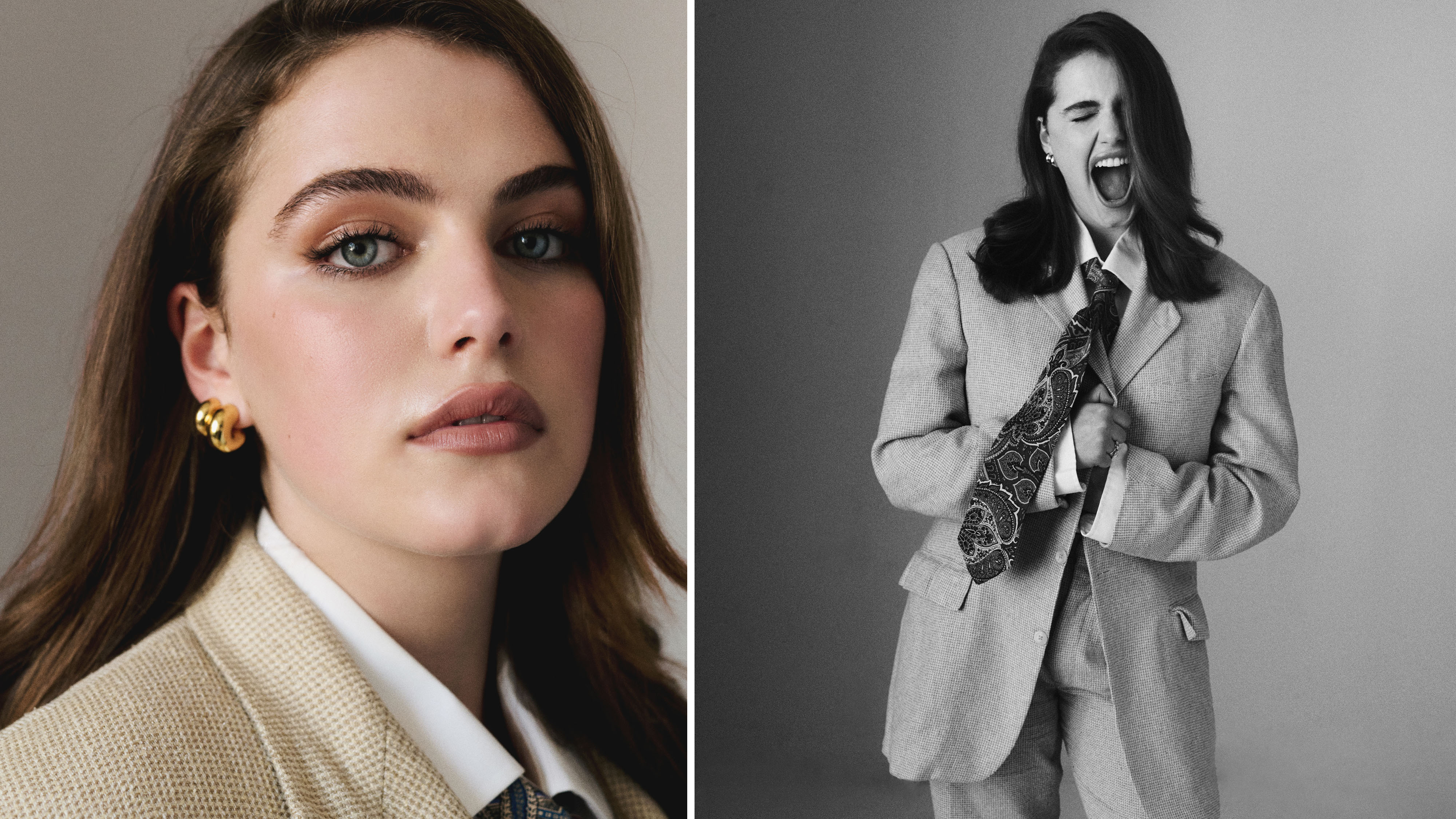Ella Bright photographed by Zackery Michael for Who What Wear wearing a tan Ralph Lauren suit with printed tie and gold Jenny Bird hoop earrings. 