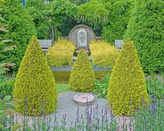 Trio of topiary trees in formal landscaping scheme