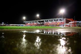 A general view of Broadfield Stadium, home of Crawley Town prior to the Sky Bet League One match between Crawley Town FC and Lincoln City FC at Broadfield Stadium on October 22, 2024 in Crawley, England.