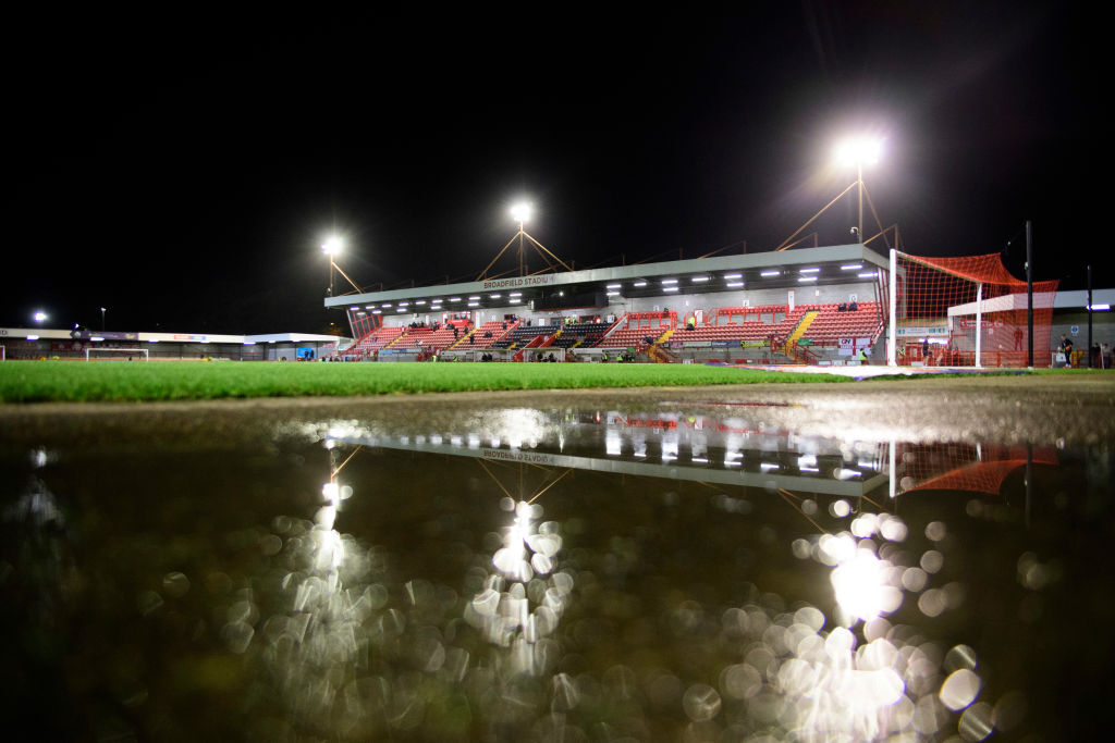 A general view of Broadfield Stadium, home of Crawley Town prior to the Sky Bet League One match between Crawley Town FC and Lincoln City FC at Broadfield Stadium on October 22, 2024 in Crawley, England.