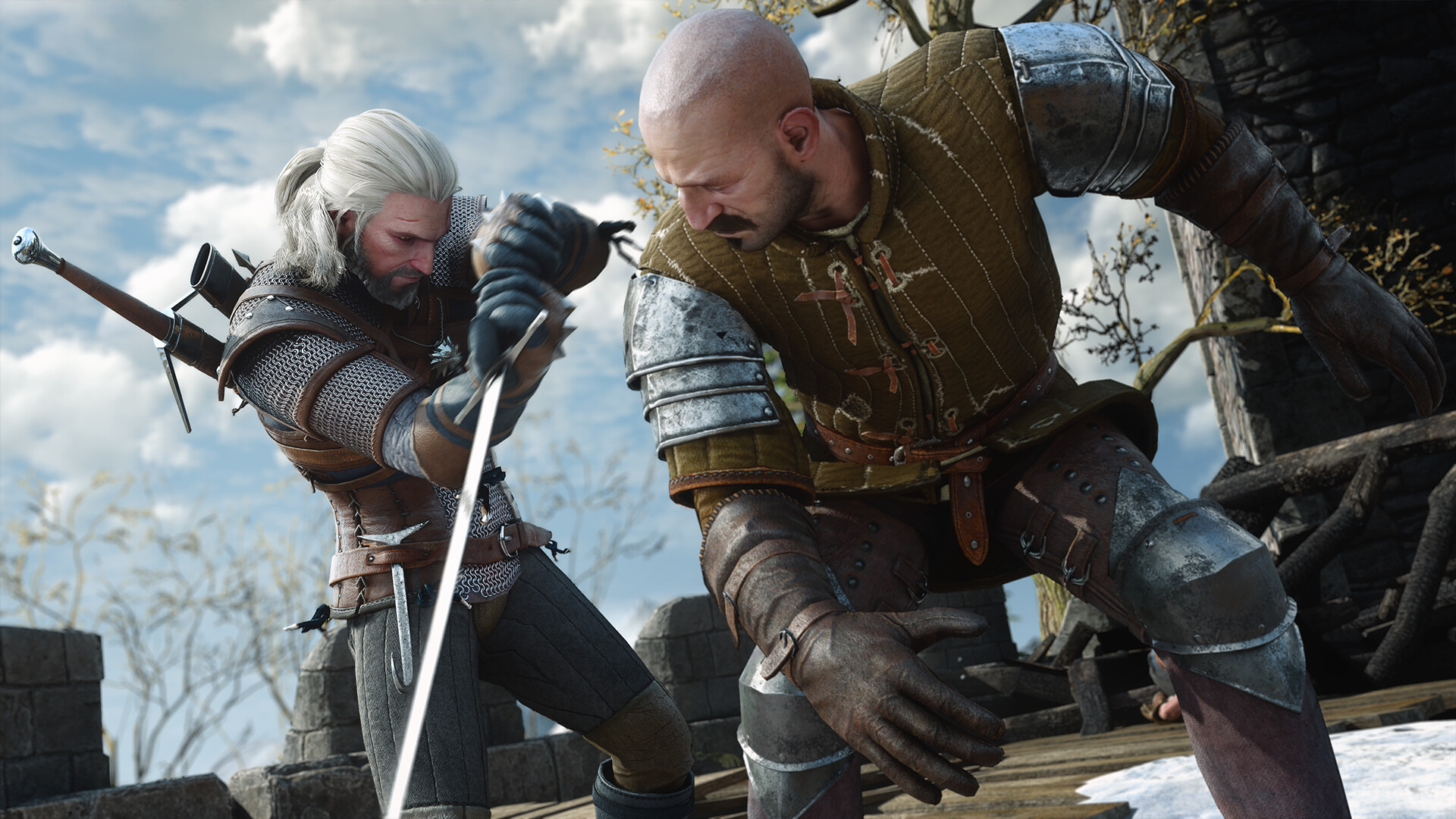 Geralt of Rivia fighting an enemy during a moment in The Witcher 3: Wild Hunt Remastered
