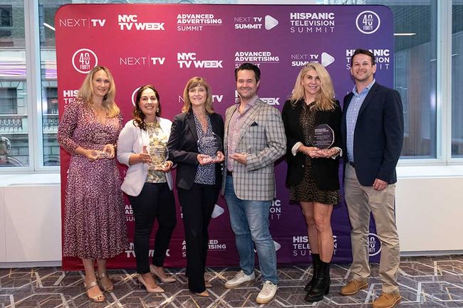 Accepting the Advanced Advertising Innovation Awards (l. to r.): Kristin Wnuk, Roku; Trish Mielke, Hershey; Beth Plummer, Spectrum Reach; Scott Swanson, iSpot.TV; Abbey Thomas, OpenAP; and Bennett Strauss, Mediacom.
