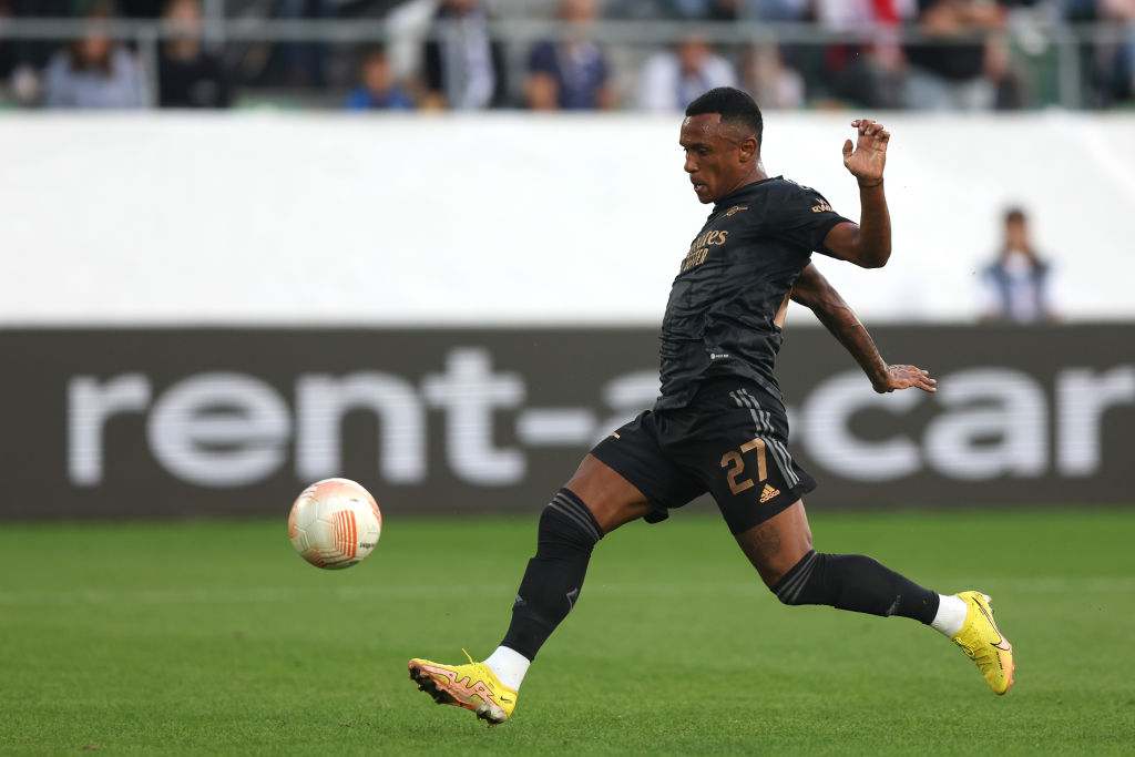 Marquinhos of Arsenal scores their team's first goal during the UEFA Europa League group A match between FC Zürich and Arsenal FC at Kybunpark on September 08, 2022 in St Gallen, Switzerland.