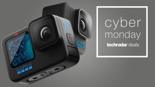 Two GoPros on a grey background next to a Cyber Monday logo
