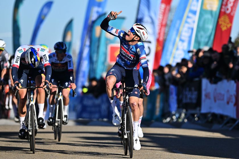 BELLEGARDE FRANCE FEBRUARY 05 Paul Magnier of France and Team Soudal QuickStep celebrates at finish line as stage winner ahead of Jordi Meeus of Belgium and Team Red Bull BORA hansgrohe during the 55th Etoile de Besseges Tour du Gard 2025 Stage 1 a 15907km stage Bellegarde to Bellegarde on February 05 2025 in Bellegarde France Photo by Billy CeustersGetty Images