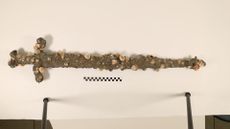 A barnacle and sand encrusted sword hangs on a white wall. 
