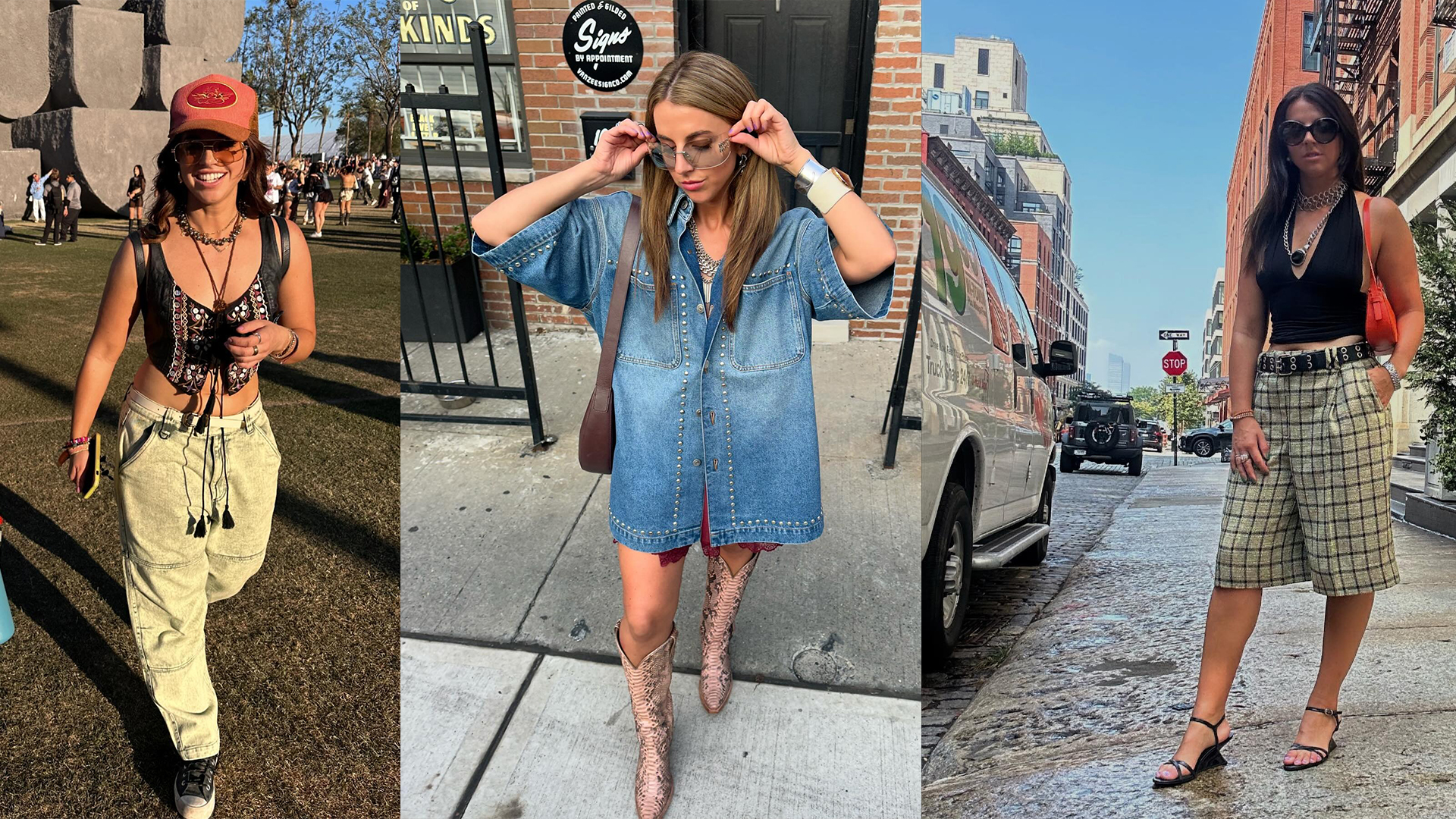 Vanessa wears denim dress look and cowboy boots, vanessa wears baggy pants and a vest, vanessa wears long plaid shorts and halter top