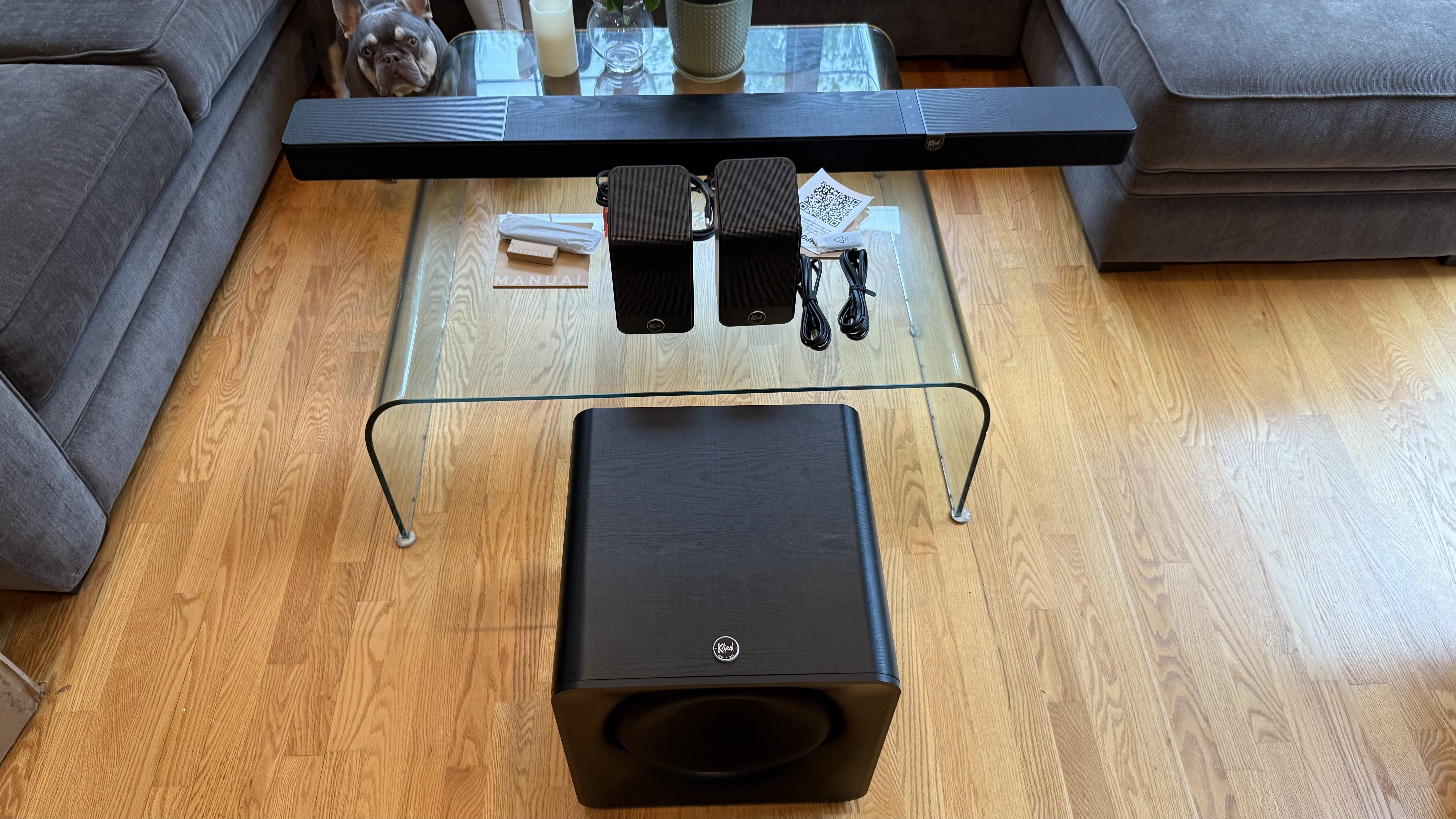Klipsch Flexus Core 300 on glass table with surround speakers and subwoofer