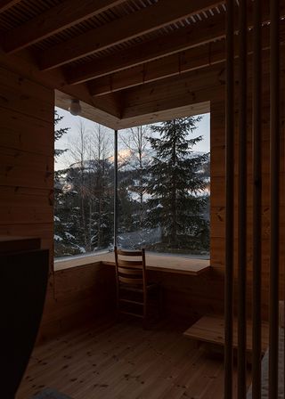 Gartnerfuglen's Aarestua cabin view from timber clad corner study window