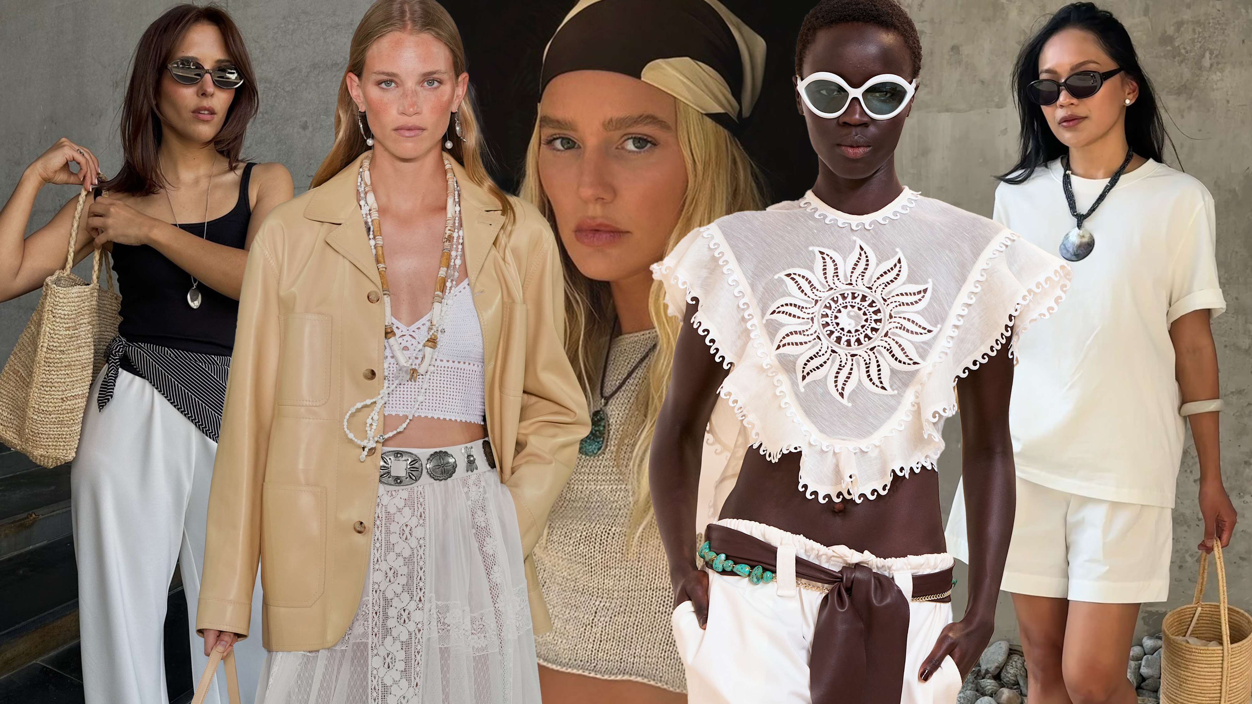 The summer aesthetic, coastal boho trend is shown in a collage of street style and runway images