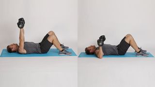 Jessie Pavelka demonstrating two positions of the floor press dumbbell exercise