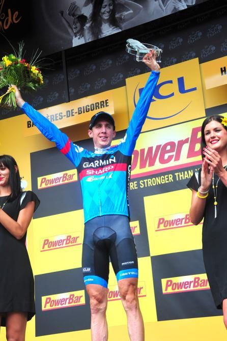 Stage 9 winner Daniel Martin (Garmin-Sharp) on the podium