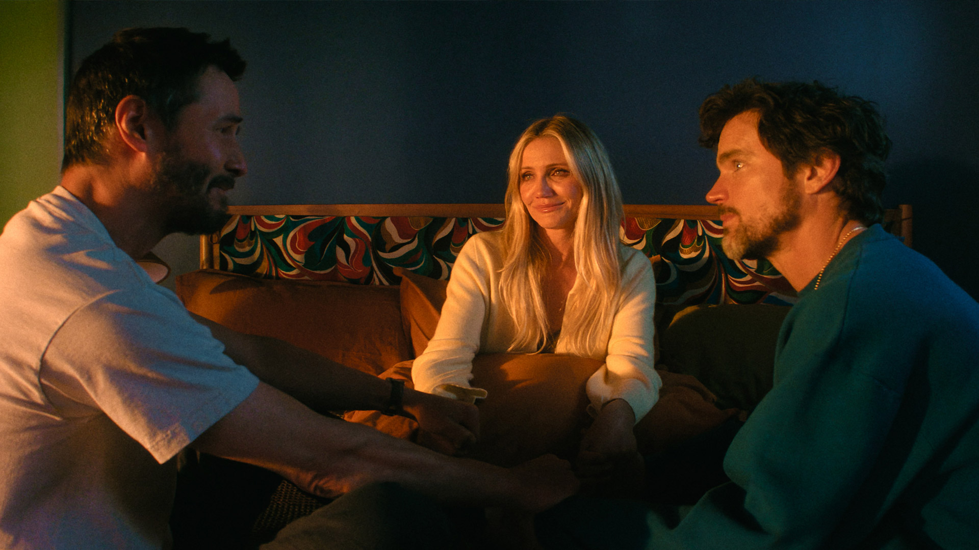Keanu Reeves, Cameron Diaz and Matt Bomer in the Apple TV movie Outcome
