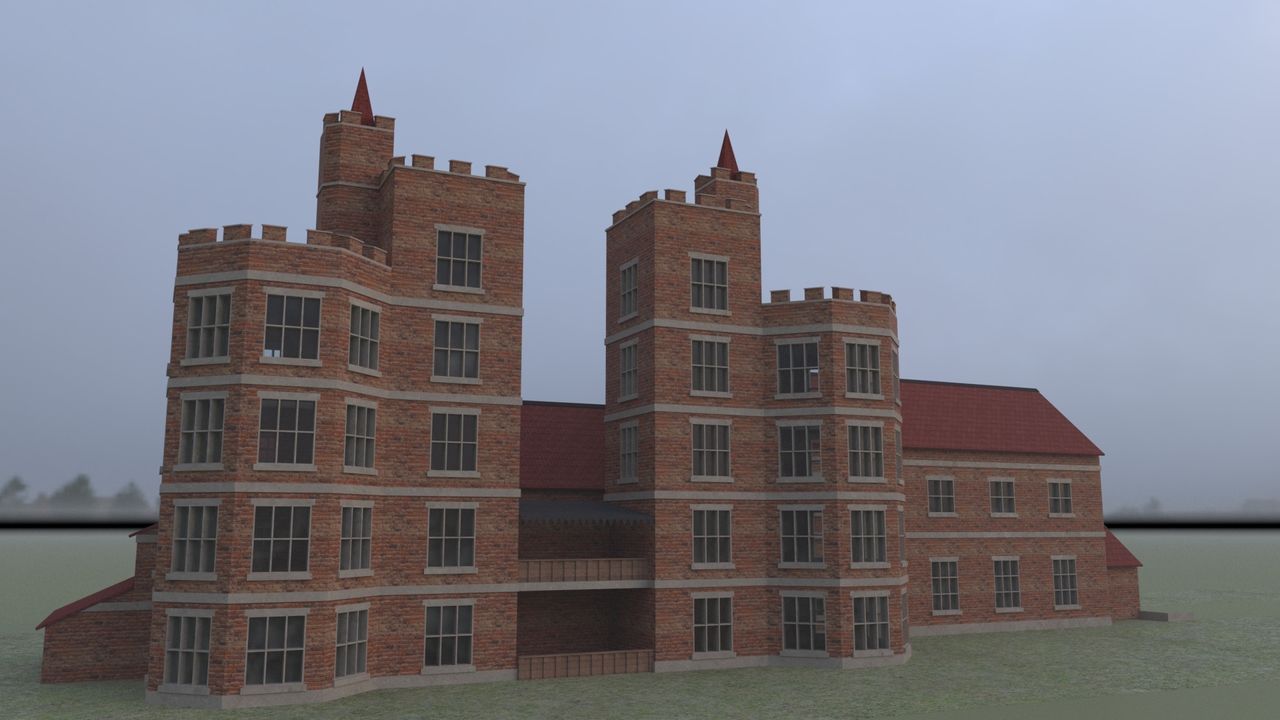 A digital model of the tiltyard and octagonal viewing towers.