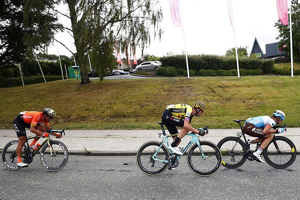 Laurens De Plus (Jumbo-Visma), Oliver Naesen (AG2R La Mondiale) and Greg Van Avermaet (CCC) in the winning breakaway at stage 7 of BinckBank Tour