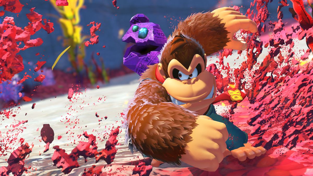 Donkey Kong mid-punch in Donkey Kong Bananza, his fur and the mud around him matching the arc of his swipe to give a real sense of momentum