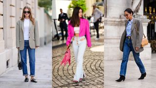 Three women showing how to style a blazer with jeans