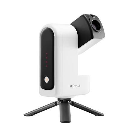 The ZWO Seestar S30 Pro aiming upwards against a white background.