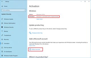Activation settings add Microsoft account option