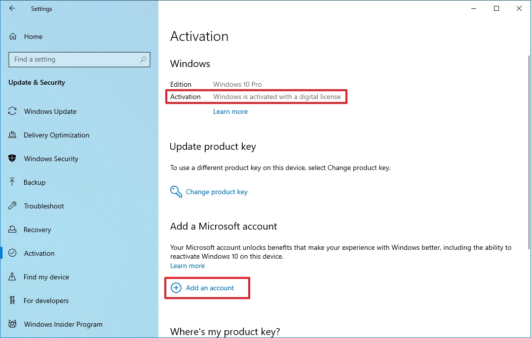 Настройки активации добавляют опцию учетной записи Microsoft