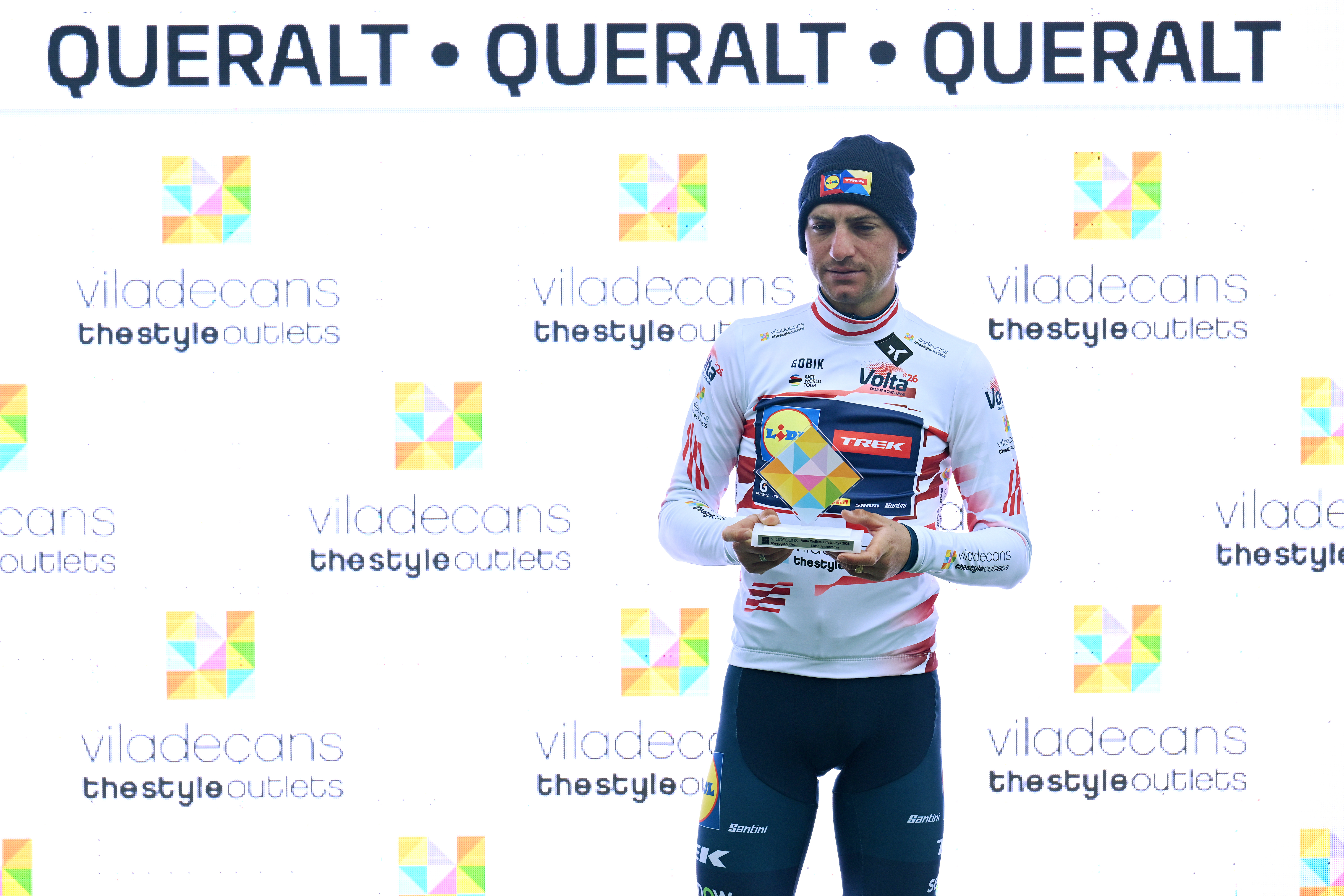 QUERALT, SPAIN - MARCH 28: Giulio Ciccone of Italy and Team Lidl - Trek celebrates at podium as Red Mountain Jersey winner during the 105th Volta a Catalunya 2026, Stage 6 a 158.2km stage from La Berga to Queralt 1133m / #UCIWT / on March 28, 2026 in Queralt, Spain. (Photo by Szymon Gruchalski/Getty Images)