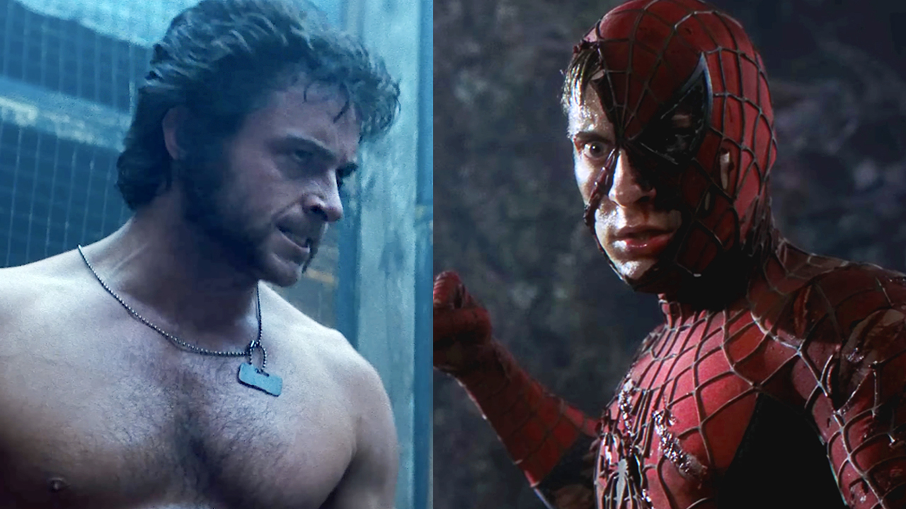 Hugh Jackman shirtless in a cage match in the first X-Men (2000), Tobey Maguire battle damaged Spider-Man (2002).