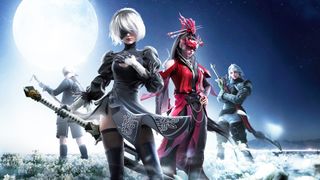Naraka promotion image with Nier characters standing in front of a moon