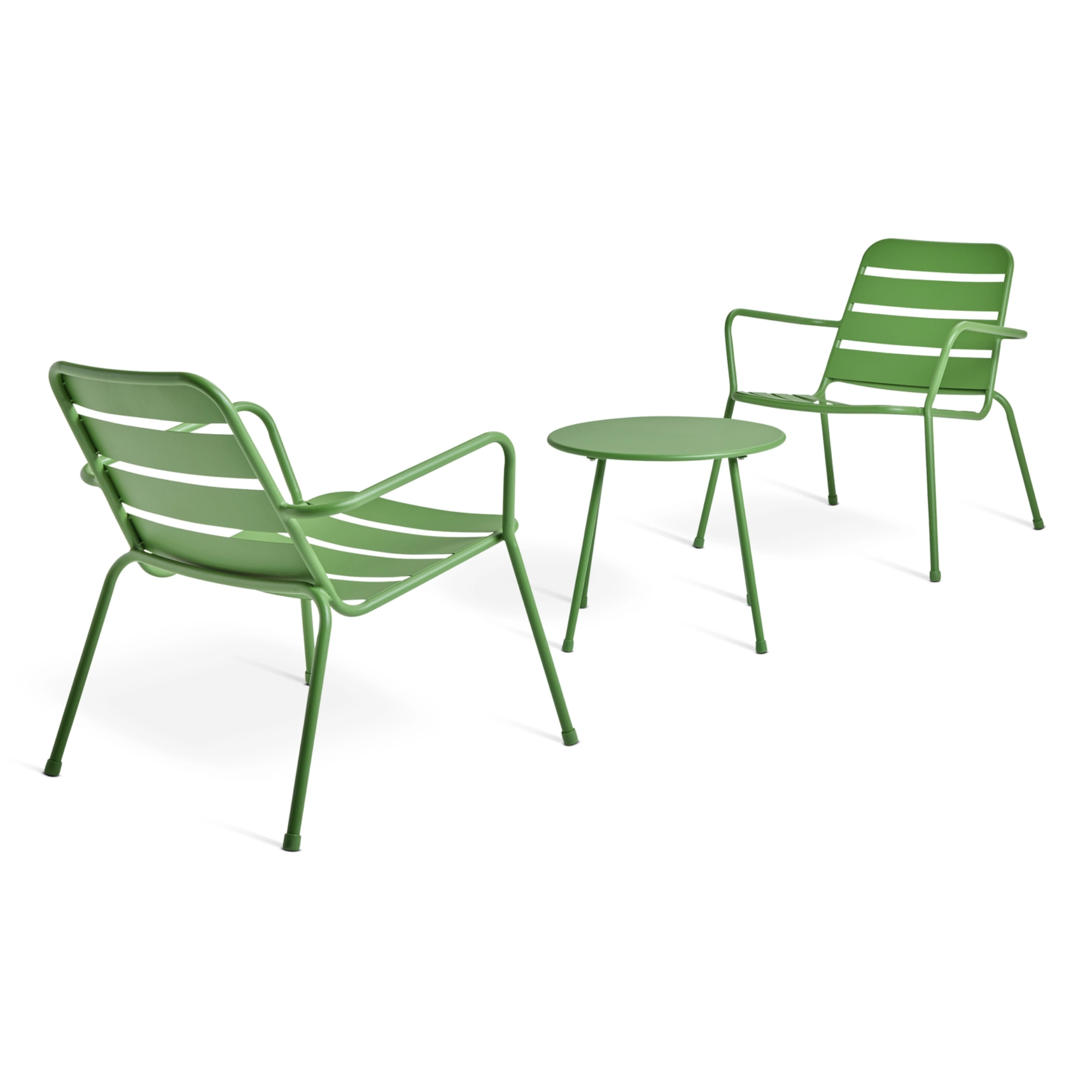 a set of two green garden chairs and a small green table