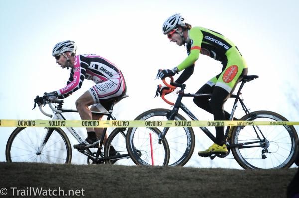 Derek St. John (Garneau Club Chaussure) leading Travis Livermon across the ridge