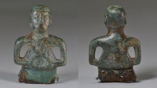 Two views of the restored copper statue show its fashionable hairstyle.