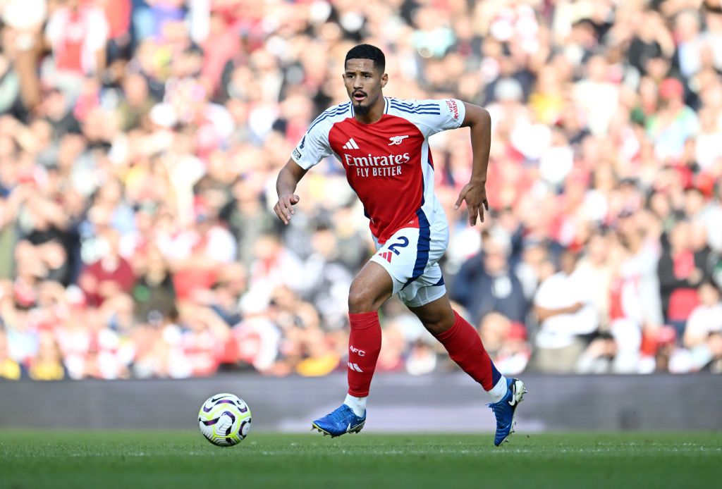 LONDON, ENGLAND - OCTOBER 05: William Saliba of Arsenal runs with the ball during the Premier League match between Arsenal FC and Southampton FC at Emirates Stadium on October 05, 2024 in London, England. (Photo by Stuart MacFarlane/Arsenal FC via Getty Images)