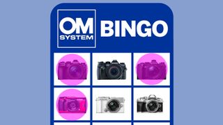A bingo card with OM System cameras instead of numbers