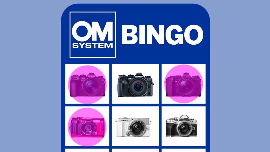 A bingo card with OM System cameras instead of numbers