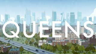 The word Queens in large white lettering in front of some footage of New York in Your Friendly Neighborhood Spider-Man