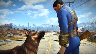 Fallout 4 character wearing the signature blue and yellow Vault Dweller outfit while standing beside Dogmeat, a German Shepherd dog