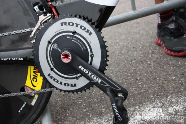 Garmin-Sharp debuted Rotor's new Flow aero time trial cranks, featuring sculpted arms, a smooth spider and outer chainring, and micro-adjustable chainring mounts to fine-tune positioning for riders opting for the elliptical Q-Rings.